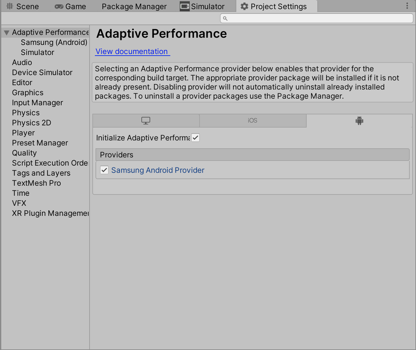 List of provider available on for Android targets, including the Samsung Provider.